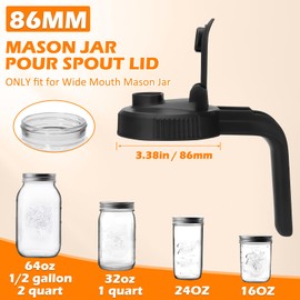 2 Pack Wide Mouth Mason Jar Pour Spout Lid with Handle, Mason Jar Drinking Canning Lids, V-Shaped Mason Jar Pitcher Lids with Extended Flip Cap Leak Proof Seal Cover Coarse Sieve, 1 Black + 1 Gray