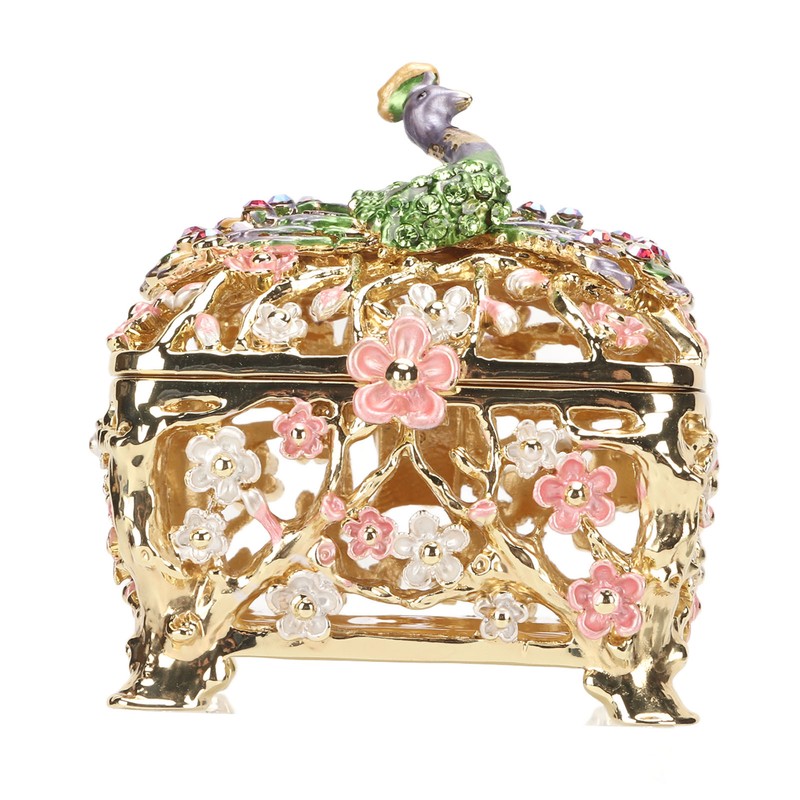 Peacock Trinket Boxes Hand Painted Finish Exquisite Beautiful Rhinestones Hinged