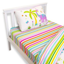 Happy Linen Company Girls Kids Dinosaur Park Jurassic Pink T-Rex Dino Stripes White Toddler Cot Bed Fitted Sheet Bedding