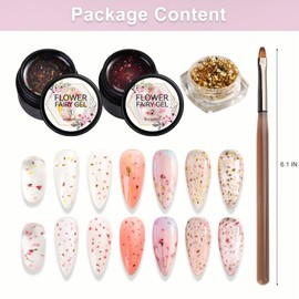 SUTOKAKA Dried Flower Gel Nail Polish 2 Colors Transparent Clear Floral Fairy Nail Gel with Gold Foil Flakes Soak Off UV LED Nail Polish Kit for Women Manicure Design