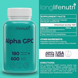 Alpha GPC Suplemento de colina 300 mg  180 cpsulas vegetarianas  Hecho en Estados Unidos  Mejorador cognitivo nootrpico  Soporta la memoria y la...   