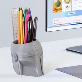 KwatTsz Cool Helmet Pen Holder, Armor Figurine Pencil Holder for Office Desk Decor, 3D Printed, Grey, Durable and Fun Gift Idea