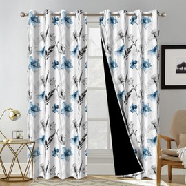 Watercolor Blue Floral Blackout Curtains for Living Room and Bedroom, Grommet Light Filtering Black Out Window Curtains 84 Inch Long 2 Panel Sets, Room Darkening Thermal Curtains for Winter Insulated