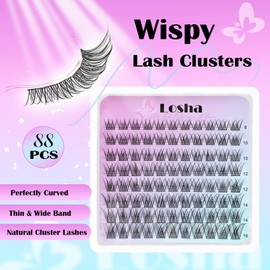 Losha Lash Clusters Wispy Eyelash Clusters D Curl Natural Cluster Eyelash Extensions 88pcs Soft DIY Lash Extension 8-16mm Cluster Lashes (Bloomy)