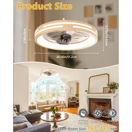 HOMECHOOSE Ceiling Fans with Lights and Remote, 20'' Low Profile Ceiling Fan with App & Voice Control, Fandelier Ceiling Fan with Light for Bedroom, Living Room (White+Wood Grain)