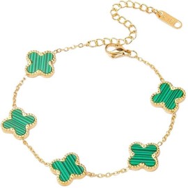 Dainty Gold Bracelets for Women, 18K Gold Plated Four Leaf Clover Bracelet Adjustable Chain Bracelet Jewelry for Women Gift, Stainless Steel, no gemstone