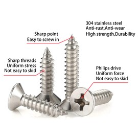 EBAIJQUO M3.5 x 10 mm Phillips Flat Head Wood Screws 304 Stainless Steel Self-Tapping High Strength Screws for Construction and Carpentry (Pack of 100)