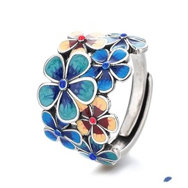 ZDIFDIC 925 Sterling Silver Flower Pattern Enamel Statement Ring for Women Blue Bloom Petal Wedding Engagement Charm Classics Rings Cocktail Party Art Deco Stackable Adjustable Ring, KE-HR670-RS02