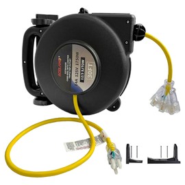 Aceland 12 Gauge 30 FT SJTOW Retractable Extension Cord, Heavy Duty Power Cord, 14 Amp 125V 1750W, Triple Outlet Electric Cord Reel, Ceiling or Wall Mount, UL Listed