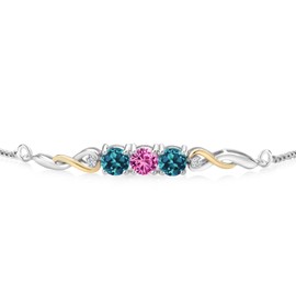 925 Sterling Silver and 10K Yellow Gold Pink Created Sapphire London Blue Topaz and Lab Grown Diamond Tennis Bracelet For Women (1.97 Cttw, September Birthstone, Fully Adjustable Up to 9 Inch)