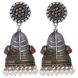 Efulgenz Boho Vintage Antique Ethnic Gypsy Tribal Indian Oxidized Silver Pearl Drop Floral Jhumka Dangle Earrings Jewelry