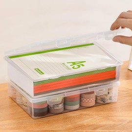 Nuyoah Storage Box with Lid, A5 Plastic Box, Small, Pack of 2, Plastic Box with Lid, Pen Box, Portable Archive Box with Snap Tight, Stackable for Paper, Stationery, Cosmetics, Tool Parts