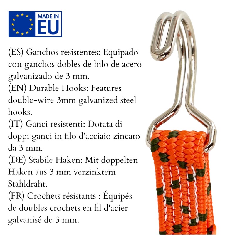 Elastic Bungee Cord with Steel Hooks, 150cm, 120% Stretch, Ideal