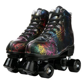 Cowhide High-Top Shoes Classic Double-Row Four-Wheel Roller Skates for Women, Men & Girls (Lightning Black, 43=US:8.5)