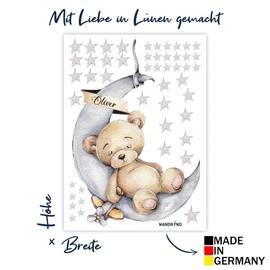 V300 Bear on the Moon Wall Sticker with Name of Your Choice | Hand Drawn | Nursery Wall Sticker Teddy Bear with Stars Teddy (75 x 105 cm)