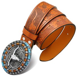 Yjfeshion Mens Western Leather Buckle Belt, Bull Head Engraved Brown Cowboy Belts With LongHorn Bull Buckles, 1-1/2 Inch Wide, L Brown