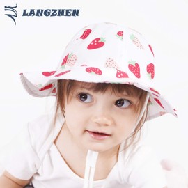LANGZHEN Sun Hat for Baby Girls Adjustable Toddler Kids Sun Protection Hat Wide Brim Summer Play Hat with Chin Strap (White -Strawberry,3-6Months (46cm /18.1"))