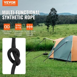Braided Nylon Cord 3/16 Inch 250 Feet 32-Strand Design 720 LBS Tensile Strength Black Multi-Purpose Outdoor Tr Guy RopesDefault: Default