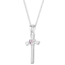 925 Sterling Silver 16" Pink Cubic Zirconia Heart Cross Pendant Necklace for Young Girls & Preteens - Lovely Heart CZ Cross Charm Jewelry for Girl's Daily Accessory - Elegant Religious Necklaces