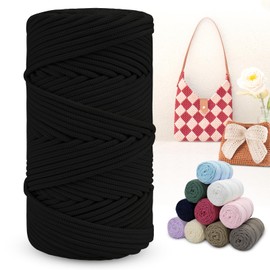 LEREATI Polyester Macrame Cord 4mm x 150m Braided Polyester Cord Thick Macrame Rope Yarn Crochet Cord, Polyester Yarn for Crocheting, Bags, Wall Hangers, Rug, DIY Crafts (Black)