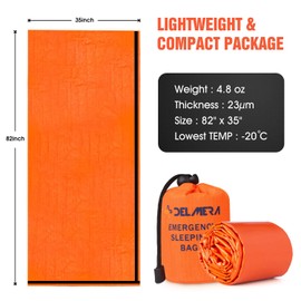 Delmera Emergency Survival Sleeping Bag, Lightweight Waterproof Thermal Emergency Blanket, Bivy Sack with Portable Drawstring Bag for Outdoor Adventure, Camping, Hiking, Orange (Orange- one Pack)