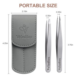 Velodios Tweezers for Women Facial Hair, Professional Stainless Steel Tweezers for Eyebrows, Facial Hair, Ingrown Hair Removal, Slanted and Pointed Tip Tweezers Set with PU Travel Case