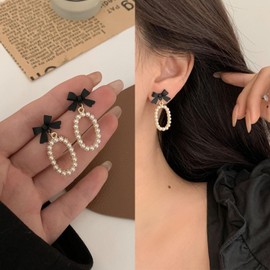 Zeshimb Boho Black Bow Stud Earrings Tiny Pearl Round Circle Dangle Earrings Faux Pearl Hoop Drop Earrings Vintage Bowknot Statement Earrings Jewelry for Women