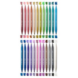 KINGART Twin-Tip Metallic Pens (404-24), Brush + Fine Point, 24 Colors, Quick-Drying Ink, for Cards, Crafts, Journals & Mixed Media, Works on Light & Dark Paper
