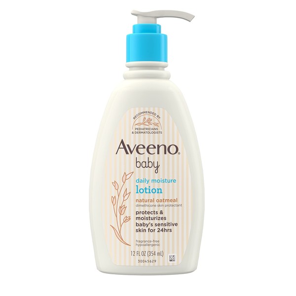 Aveeno Baby Daily Moisture Body Lotion for Delicate Skin, Natural Colloidal Oatmeal & Dimethicone, Hypoallergenic Moisturizing Baby Lotion, Fragrance-, Phthalate- & Paraben-Free, 12 fl. oz