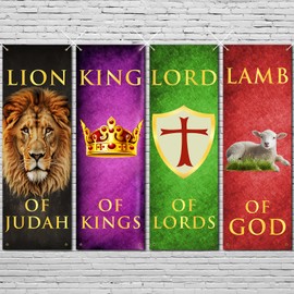 4PCS Church Banners for Sanctuary Wall Worship Scripture Christmas Banner Lion of Judah, Lamb of God, Lord of Lords, for Holiday Church School Nativity Decor