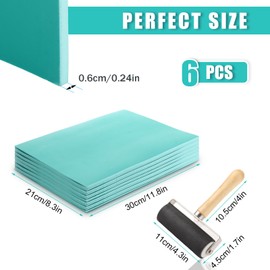 SHUESS 6 Pack A4 Lino Sheets - Easy-Carve Soft Lino Printing Kit - Double-Sided Lino Printing Sheets with Roller for Rubber Stamps, Carving Art and Craft (Green)