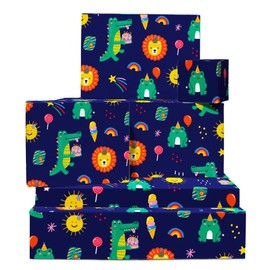 Navy Blue Wrapping Paper - 6 Sheets Of Birthday Gift Wrap For Kids Boys Girls - Party Animals And Doodles - Crocodile Frog Lion - Comes With Stickers - Recyclable - By Central 23