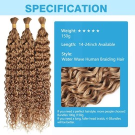 Blonde Human Braiding Hair Water Wave Bulk Human Hair 150g 18 Inch Color 27 Curly Human Hair for Boho Braids Hair Extensions No Weft 3 Braids Per Pack Wet and Wavy Human Hair Braiding Hair