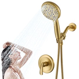 Single-Handle Gold Shower Faucet Set - Brushed Gold Shower Head and Handle Set, Shower Trim Kit with 7 Modes Handheld Shower Head System, Faucet Shower Fixtures with Valve Included