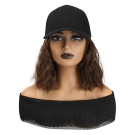 Genevert Hat Wig Baseball Cap with 8" Short Bob Curly Hair Extensions for Women, Natural Hairstyle, Black Adjustable Cap, Wavy Hair, Brown