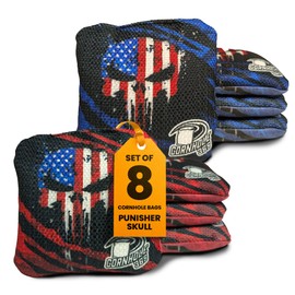 Cornhole365 Themed Cornhole Bags - 6"" x6 All Weather Dual-Sided Slick & Stick - Plastic Resin Cornhole Bean Bag Filler & Suede - Dual Stitched for Sports Competition - Punisher Skull - Set of 8