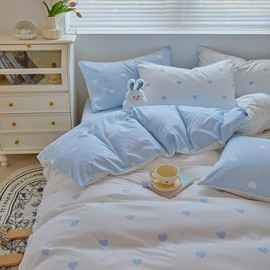 Blue White Duvet Cover Set Queen Size with Cute Blue White Heart Pattern for Kids Reversible 3 Pcs Soft Microfiber Comforter Cover with Zipper Ties