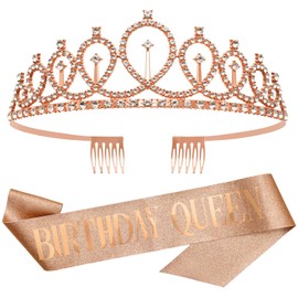Birthday Queen Sash Crown Set Rhinestone Tiara Rose Gold Decoration Hair Headband for Women Party Supplies