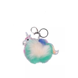 MaxSam Silver Fluffy Unicorn PomPom Keychain, Bag Charm, Blue & Green Gift Kids, Girls
