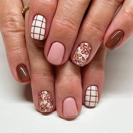 Square Fake Nails Short Press On Nails Pink Brown Nails Press Ons With Flower Designs Spring False Nails Glossy Short Glue On Nails Reuseable Acrylic Full Cover Stick On Nails For Women Girls