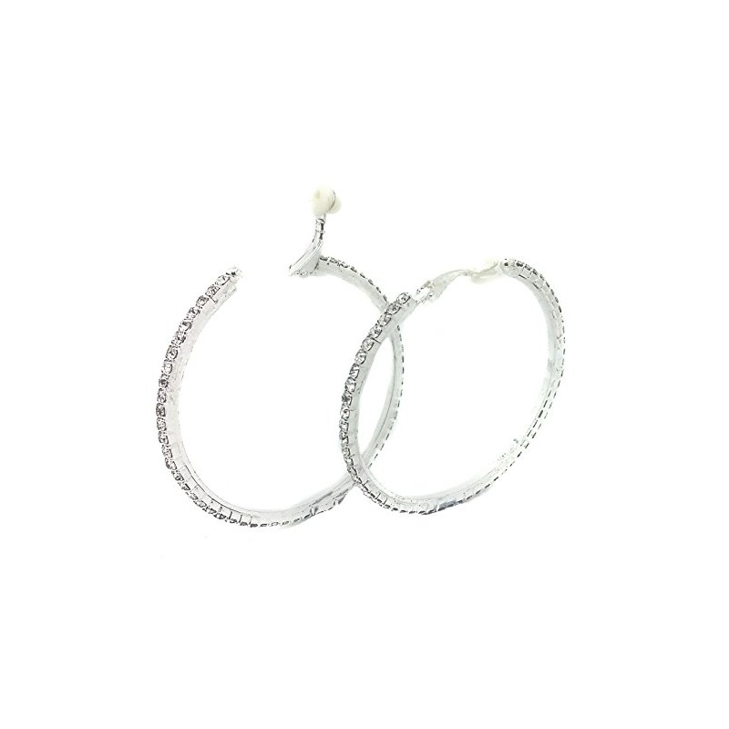 5.5cm CLIP ON Diamante CRYSTAL Rhinestone BIG Silver HOOP EARRINGS