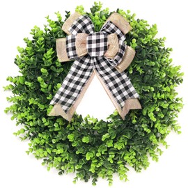 Davimono 18-inch Boxwood Wreath Artificial Spring Summer Wreath, Foldable Faux Boxwood Wreaths for Front Door Farmhouse Wedding Indoor Outdoor(with Bow)