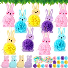 Geelin 24 Set Easter Bunny Crafts Unfinished Wood Bunny with Pom-pom Hanging Rabbit Ornament for Spring Easter Activity DIY Gifts Home Decor Table Centerpiece