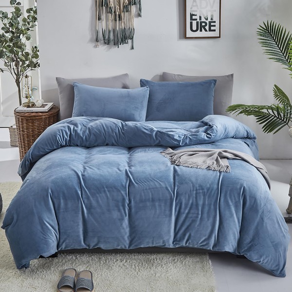 Luxlovery Blue Velvet Comforter Set King Lake Blue Flannel Plush