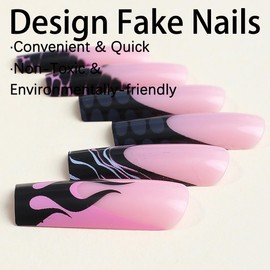 BABALAL French Tip Press on Nails Long Square Fake Nails Black Flame Glue on Nails Y2K Acrylic Nails 24Pcs Squoval Manicure False Nails