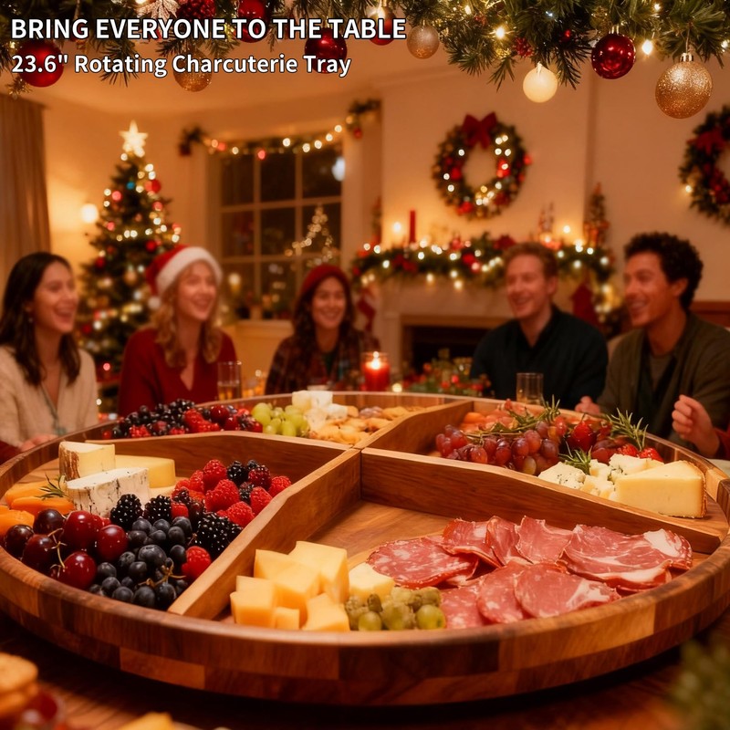 Utoplike Extra Large Acacia Serving Tray, Rotating 23.6'' Charcuterie Board