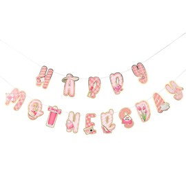 Happy Mothers Day Party Decorations Mother's Day Porch Banner Pink Flower Flag Banner Mothers Day Theme Hanging Decorations Happy Mom's Day Best Mom Ever Paper Banner Backdrop Banner for Home Wall
