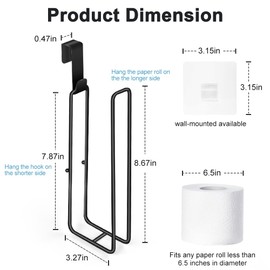 Matte Black Extra Toilet Paper Storage for 2 Roll Tissue Over The Tank Toilet Paper Roll Holder Stainless Steel Adhesive Hanging Toilets Tissue Holder Wall Mounted for Bathroom RV Camper(1 Pack)