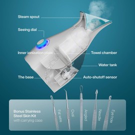 Pure Daily Care NanoSteamer Grande 3 en 1 Vaporizador Facial Nano Iónico con Control Preciso de Temperatura - Humidificador - Desobstruye los Poros - Puntos Negros - Calidad de Spa - Kit Adicional de