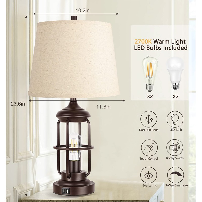 QiMH Table Lamp Set of 2 with USB Ports, Touch